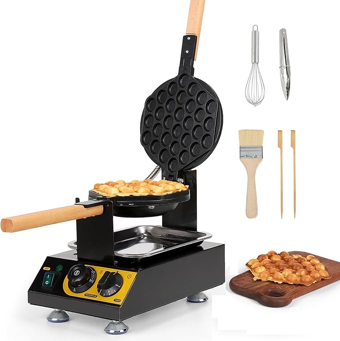 Dyna-Living Bubble Waffle Maker Commercial Bubble Waffle Machine, 1400W Egg Waffle Machine Non-stick Waffle Egg Maker with Crumb Tray, 30 Egg Cones Hong Kong Style Bubble Egg Waffle, 180° Rotating