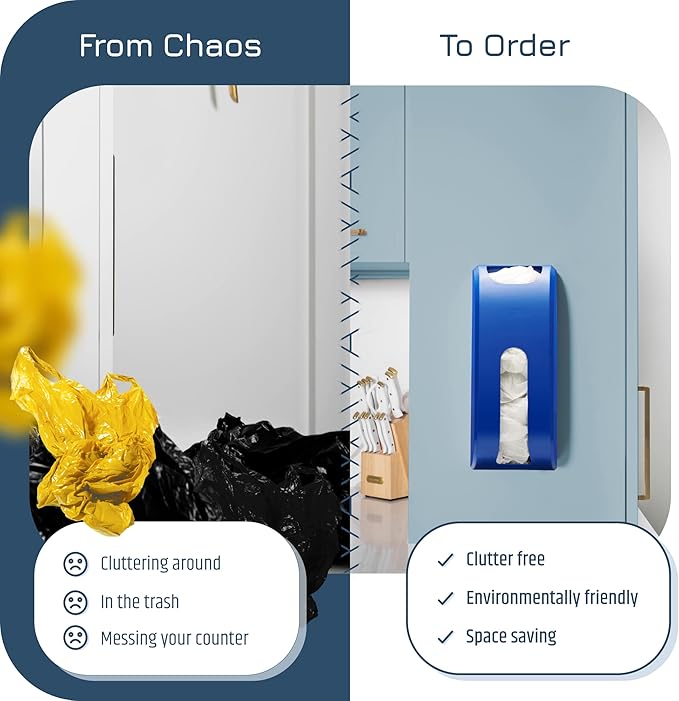 Plastic Bag Holder | Durable Plastic Wall Mount Kitchen Grocery Bag Storage Organizer | Smudge Proof, Fingerprint Resistant | Blue