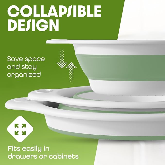 Collapsible Colanders (2 Pack Set) Food Strainers with Over-Sink Water Draining Base for Pasta Fruits and Vegetables (4 and 5 Quart) - White/Sage