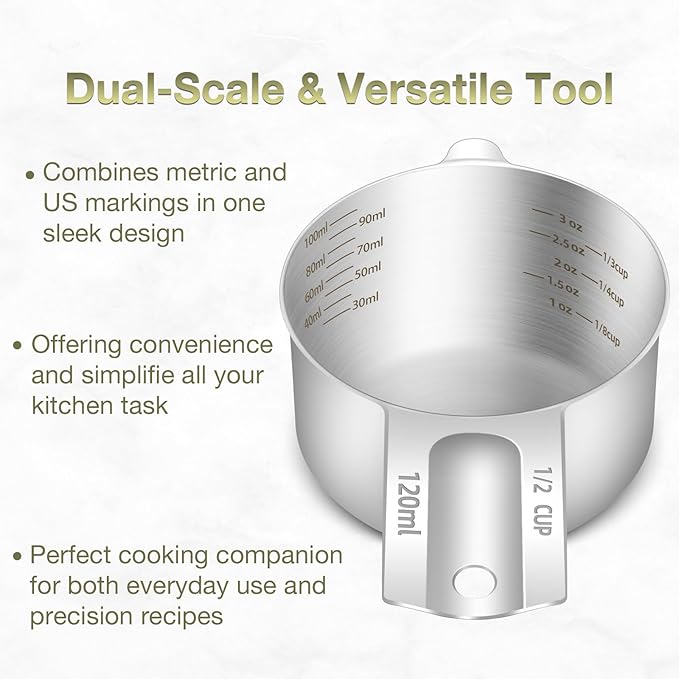 1PCS 1/2Cup (120ml, 4oz) Single Measuring Cup, Etched Inner Scale Stainless Steel Measure Scoop, Metric and US Measurement, Dishwasher Safe