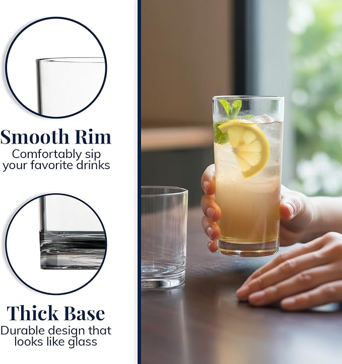 US Acrylic Classic Clear Plastic Reusable Drinking Glasses (Set of 8) 12oz Rocks & 16oz Water Cups | BPA-Free Tumblers, Made in USA | Top-Rack Dishwasher Safe