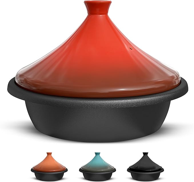 KooK Moroccan Tagine, Enameled Cast Iron Cooking Pot, Tajine with Ceramic Cone-Shaped Closed Lid, 3.3 QT, (Crimson)
