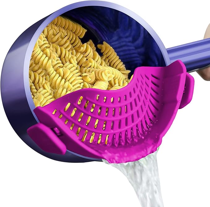AUOON Clip On Strainer Silicone for All Pots and Pans, Pasta Strainer Clip on Food Strainer for Meat Vegetables Fruit Silicone Kitchen Colander (Purple)