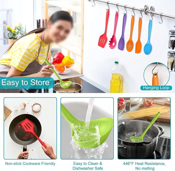 TeamFar Silicone Kitchen Utensils, 7-Piece Kitchen Cooking Utensil Set with Turner Spoon Spatula Ladle, Perfect for Baking Cooking Mixing, Heat-Resistant & Non-Toxic, Dishwasher Safe & Multi Colored