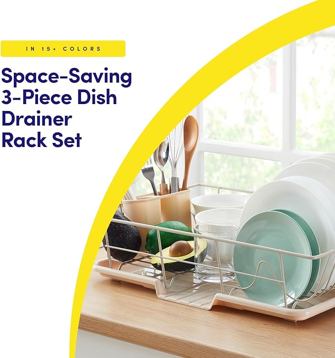 Sweet Home Collection Space-Saving 3-Piece Dish Drainer Rack Set: Efficient Kitchen Organizer for Quick Drying and Storage - Includes Cutlery Holder and Drainboard - Maximize Countertop Space, Beige
