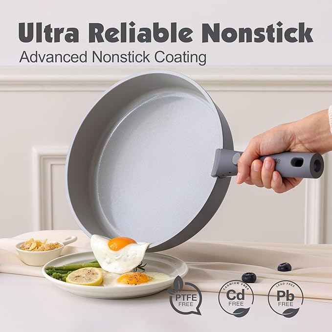 SENSARTE 17 Piece Ceramic Pots and Pans Set, Nonstick Detachable Handle Cookware, Induction Kitchen Cookware Set with Removable Handle, Dishwasher ＆ Oven Safe (Gray)