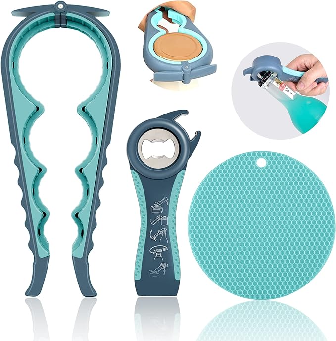 Jar Opener for Weak Hands, Seniors with Arthritis, 5 in 1 Multi Function Bottle Opener Lid Opener For Arthritic Hands with Non Slip Rubber Jar opener Gripper Pad(blue)