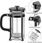 QUQIYSO French Press Coffee Maker 304 Stainless Steel French Press with 4 Filter, Heat Resistant Durable, Easy to Clean, Borosilicate Glass Coffee Press, 100% BPA Free Glass Teapot, 21 ounce, Black