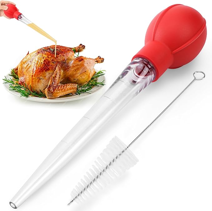 OLESBUR Premium Turkey Basters for Cooking – Baster Syringe for Hot Liquids – Meat and Food Injector – Essential Thanksgiving Cooking Tool – Turkey Baster Large with Cleaning Brush (Red)