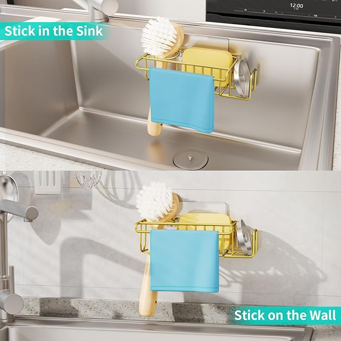 HapiRm Sponge Holder for Kitchen Sink, No Drill Kitchen Sink Caddy Organizer, Rustproof Dish Sponge Holder- Gold(8.73 * 3.54 * 2.36in)