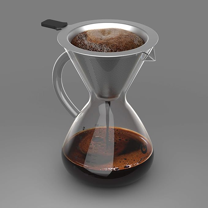 Coffee Gator Pour Over Coffee Maker - 27oz High Heat Borosilicate Glass with Reusable Stainless Steel Filter, Drip Coffee Brewer Dripper Set Carafe, 800ml Clear