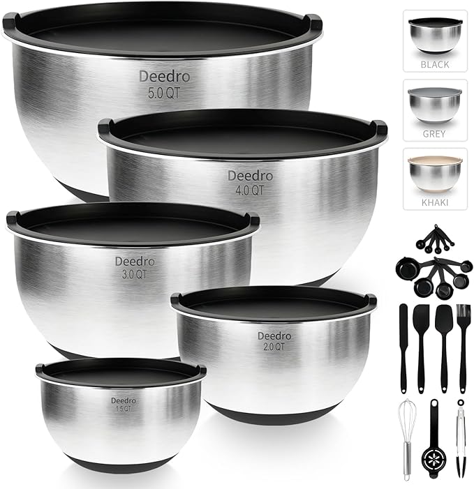 Deedro Premium Mixing Bowls with Airtight Lids Set, 22Pcs Thicker Stainless Steel Mixing Bowl Set, Large Prep Metal Bowls, Non-Slip Silicone Base Nesting Bowls for Kitchen, 1.5/2/3/4/5 QT, Black