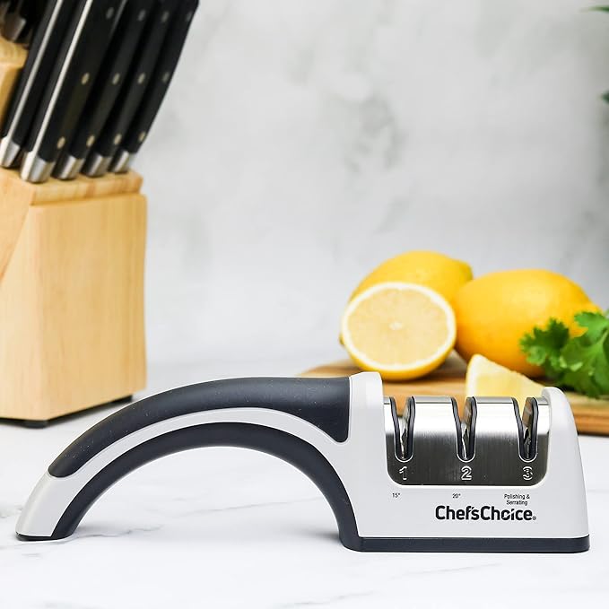 Chef'sChoice Manual Knife Sharpeners for 15- and 20-Degree Straight-Edge and Serrated Knives with Diamond Abrasives Precise Angle Control & Compact Footprint, 2-Stage, Gray