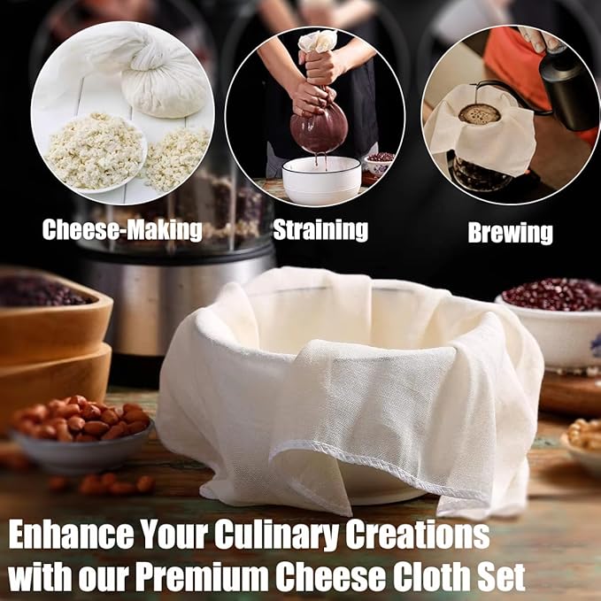 8 Pcs Cheese Cloths, 100% Unbleached Cotton, 20x20 Inch Cheesecloth for Straining, Grade 100 Ultra-Dense Cheese Cloth With Fabric Fine Mesh Cloth for Cooking, Juicing, Baking, Cheese Making