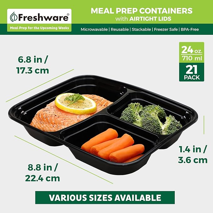 Freshware Meal Prep Containers 21 Count (Pack of 1), 3 Compartment with Lids, Food Storage Containers, Bento Box, Stackable, Microwave/Dishwasher/Freezer Safe (24 oz)