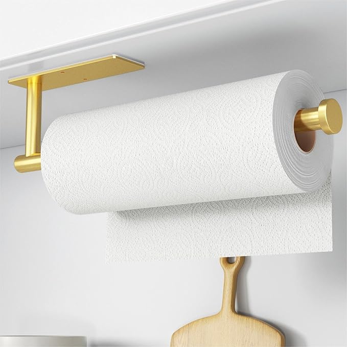 Paper Towel Holder - Self-Adhesive or Drilling, Gold, Wall Mounted, SUS304 Stainless Steel Kitchen Roll Dispenser Under Cabinet