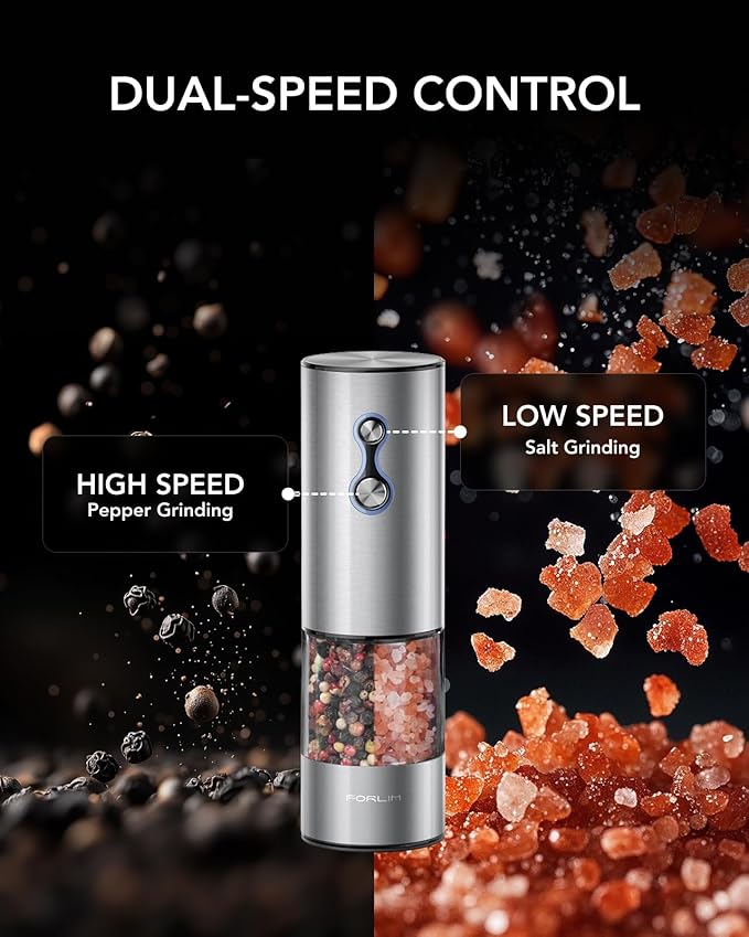 FORLIM Rechargeable Electric Salt and Pepper Grinder Set, Dual-Speed Control, Stainless Steel Automatic Salt & Pepper Mill with Dust Cover, 2 LED Lights, Adjustable Coarseness (2-Pack, Glossy Silver)