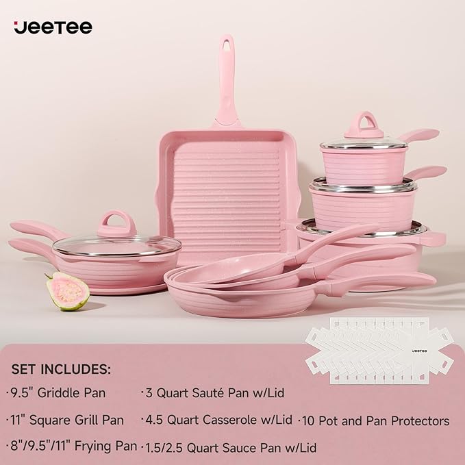 JEETEE Pink Pots and Pans Set Nonstick 23pcs, Healthy Kitchen Cookware Sets, Induction Cooking Set Pink Frying Pans, Saucepans, Sauté & Griddle & Crepe Pan (PFOA Free)