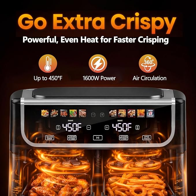 Simple Deluxe 9.5-Qt Dual Basket Air Fryer, 10-in-1 Digital Preset 1700W Airfryer, Sync Cook, Independent Temp Control, Shake Reminder, Nonstick Basket, Black