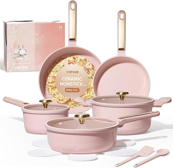 CAROTE Ceramic Cookware Set Nonstick, 14pcs Pots and Pans Set Nonstick, Non-Toxic & PFAS-Free, Dishwasher, RV/Camping Cookware Set, Cooking Pots with Lids, Pink Blush