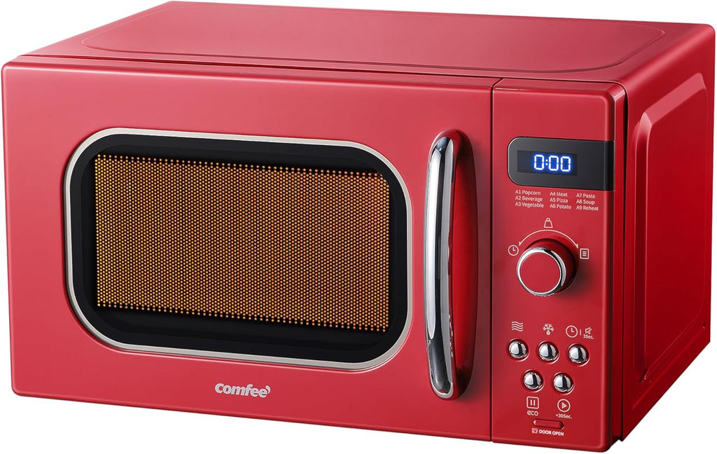 COMFEE' Retro Small Microwave Oven With Compact Size, 9 Preset Menus, Position-Memory Turntable, Mute Function, Countertop, Perfect For Small Spaces, 0.7 Cu Ft/700W, Red, AM720C2RA-R