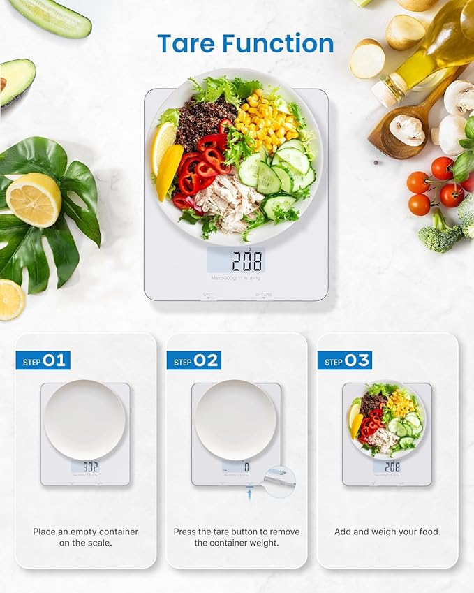 RENPHO Food Scale with Nutritional Calculator, Digital Kitchen Scale for Weight Loss, Smart Food Weight Scale with App for Macro Keto Calorie Cooking, Grams and Ounces, White, 11lb/5kg