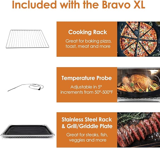NUWAVE Bravo XL Air Fryer Convection Toaster Oven Countertop, 112-in-1 Smart Grill Combo with Original Flavors & Marks, Adjustable Heating Zones for Pizza, Roast, Bake, 50-500°F, Stainless Steel, 30QT