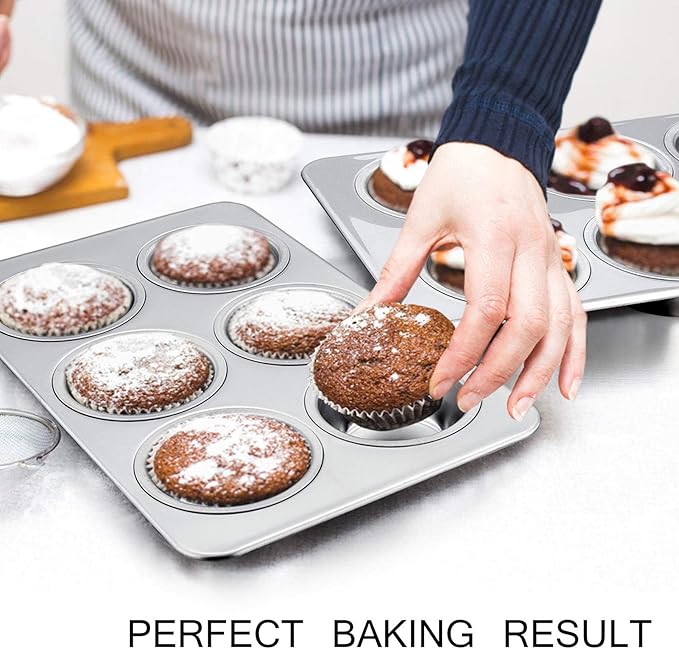 TeamFar 2 Packs Muffin Pan, Stainless Steel Muffin Cupcake Pan Tin Tray for Baking, for Mini Cakes/Tarts/Quiche, Healthy & Sturdy, Oven & Dishwasher Safe (6-Cup)