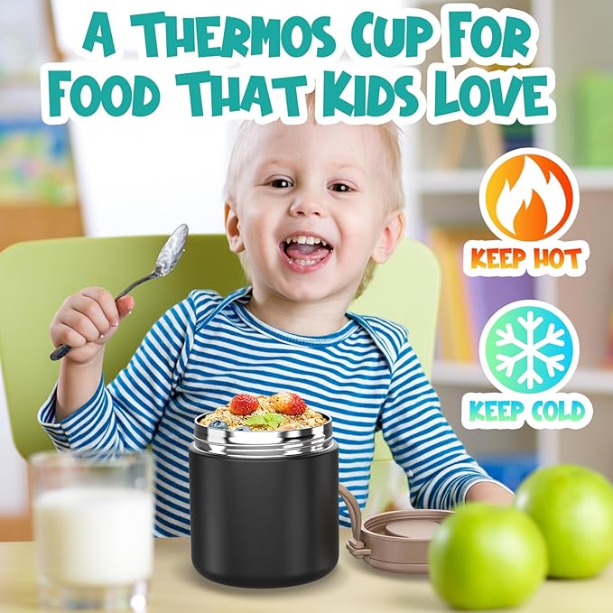 Insulated Food Jar for Kids - 15.2 Oz, Thermo for Hot Food, Soup Thermo, Insulated Food Container, Termos Para Comida Caliente, Width Mouth Stainless Steel Lunch Box with Spoon, Black