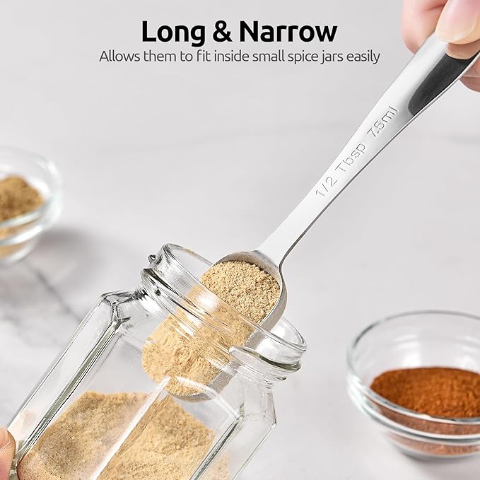U-Taste Narrow Square Measuring Spoons: 18/8 Stainless Steel Kitchen Measure Teaspoon Tablespoon with Leveler, Polygon Rectangular Metal Jar Scoop for Baking Cooking, Coffee, Spice, Powder (Set of 7)
