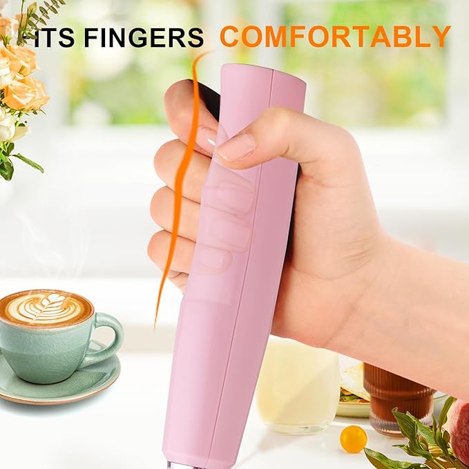 YUSWKO Pink Milk Frother Handheld with 3 Heads, Coffee Whisk Drink Foam Mixer with USB Rechargeable 3 Speeds, Electric Hand Frother for Latte, Cappuccino, Hot Chocolate, Egg