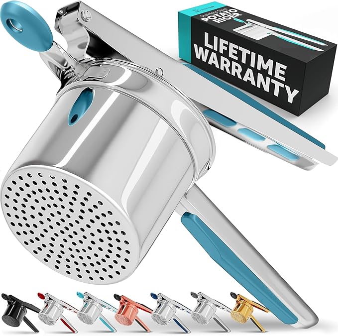 PriorityChef Large 15oz Potato Ricer, Heavy Duty Stainless Steel Potato Masher and Ricer Kitchen Tool, Press and Mash Kitchen Gadget For Perfect Mashed Potatoes - Everytime, Silver and Turquoise