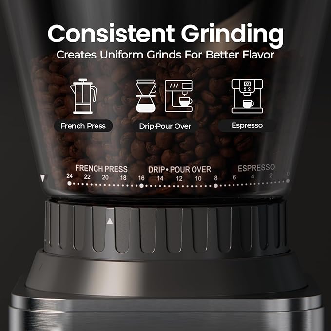 Electric Burr Coffee Been Grinder with Adjustable 24 Precise Grind Settings, 40s Digital Timer for French Press, Espresso, and Drip Pour Over, Home Use, Black