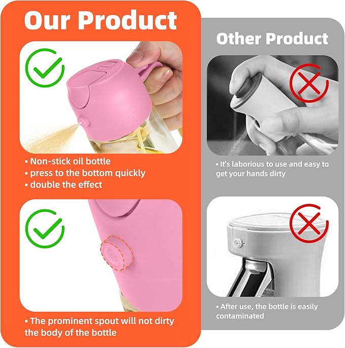 TrendPlain 16oz/470ml Glass Olive Oil Sprayer for Cooking - 2 in 1 Olive Oil Dispenser for Kitchen Gadgets, Air Fryer, Salad, and BBQ - Bubblegum