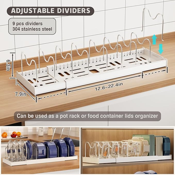 Expandable Food Storage Container Lid Organizers, 22" Pots and Pans Organizer Under Cabinet with 9 Adjustable Dividers Pot and Pan Lid Holders Rack Inside Cabinet(White,1 Pack)