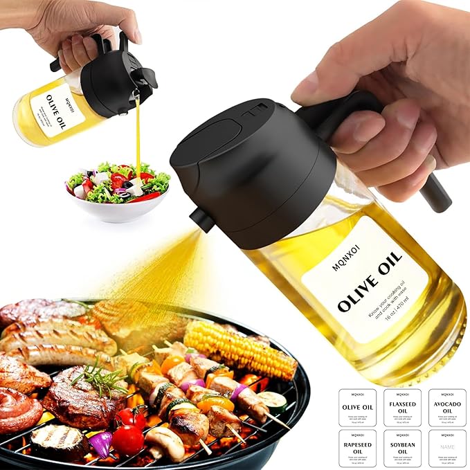 2 in 1 Glass Oil Sprayer & Dispenser,16oz/470ml Olive Cooking, Air Fryer, and Salad, for Kitchen Gadgets and Air Fryer Accessories, w/Stickers (Black)