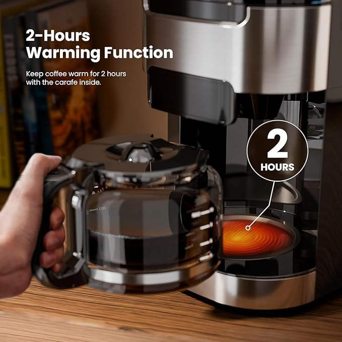 Kismile 10-Cup Digital Drip Coffee Maker with Built-In Grinder, Programmable, 12H Timer, Keep-Warm Function, Customizable Strength & Grind Size, Coffee Machines with Smart LED Touchscreen