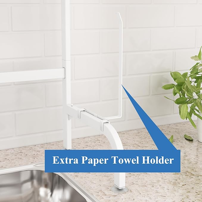 Over The Sink Dish Drying Rack, Adjustable (25.5 to 36.5 inch) 2 Tier Metal Steel Dish Drying Racks for Kitchen Counter with Hooks Paper Towel Utensil Cup Holder Sink Caddy (White)