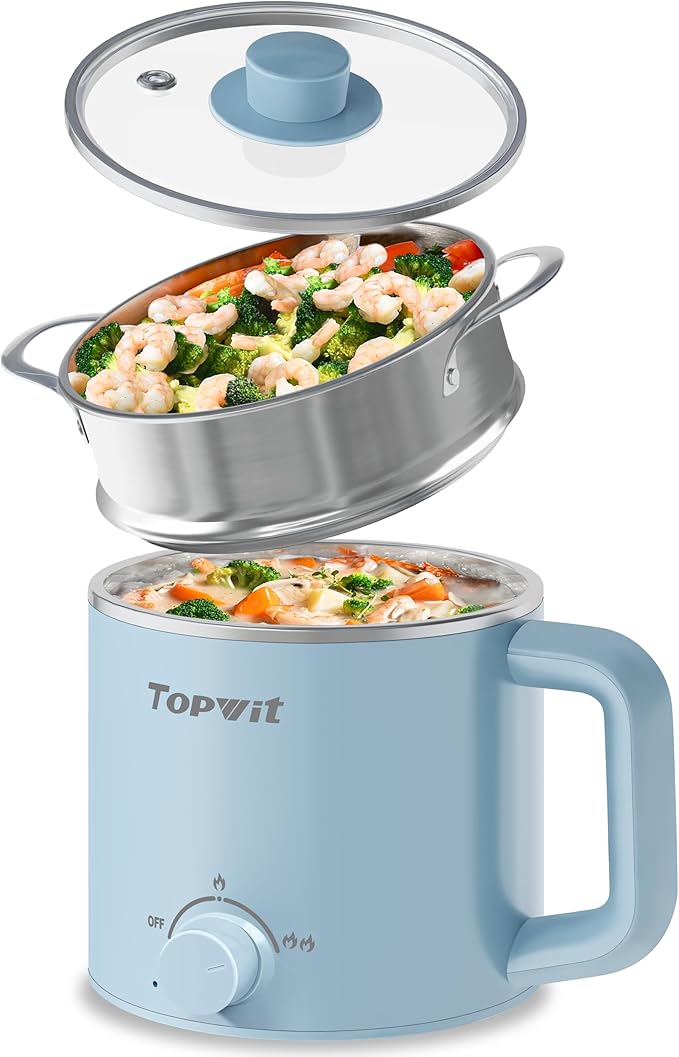 Topwit Hot Pot Electric with Steamer, 1.6L Ramen Cooker, Electric Pot for Pasta, Shabu-Shabu, Oatmeal, Soup and Egg, Portable Cooker with Dual Power Control, Dorm Room Essentials, Blue