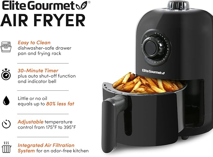 Elite Gourmet EAF1121 Personal 1.1 Qt. Compact Space Saving Electric Hot Air Fryer Oil-Less Healthy Cooker, Timer & Temperature Controls, 1000W