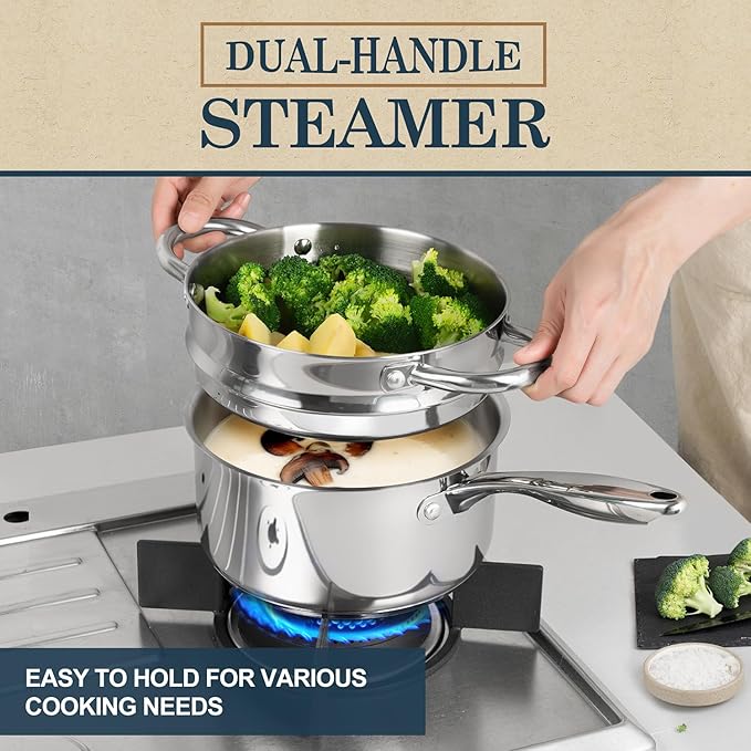 MICHELANGELO 3 Quart Saucepan with Lid & Steamer, Stainless Steel Sauce Pan with Triply Bottom, 3 QT Sauce Pot, Nonstick Saucepan Induction Compatible