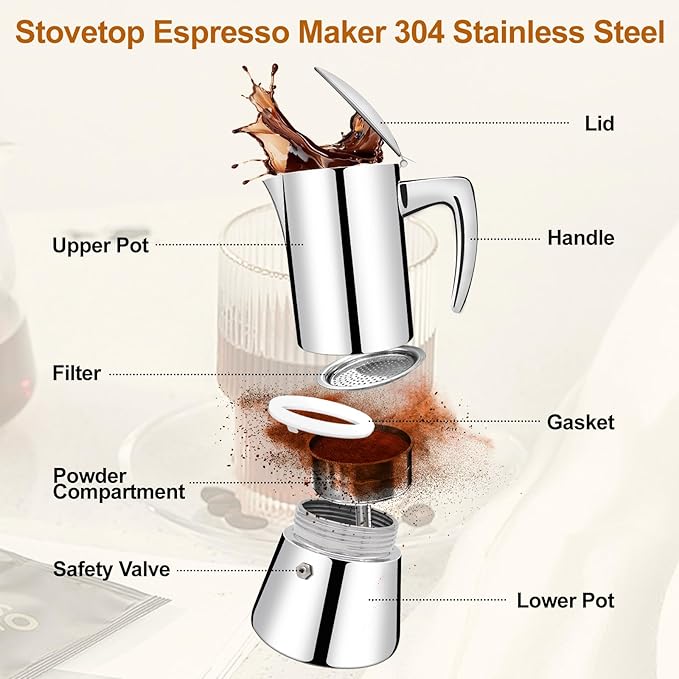 No Coating 4 Cup Thickened 304 Stainless Steel Moka Pot Stovetop Espresso Maker Italian Coffee Machine 200ml 6.8oz Suitable for Gas Induction Stovetop Greca Coffee Maker Percolator