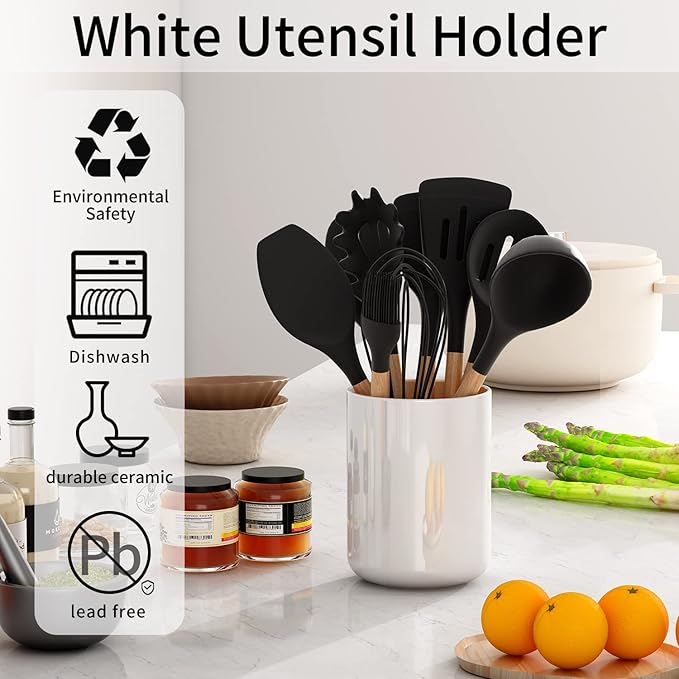 White utensil holder for Countertop, Glossy White Ceramic Utensil Holder for Kitchen Counter Easy to Clean, Modern Small Cooking Utensil Holder Spatula Crock for Décor, 4.5×6.4 IN