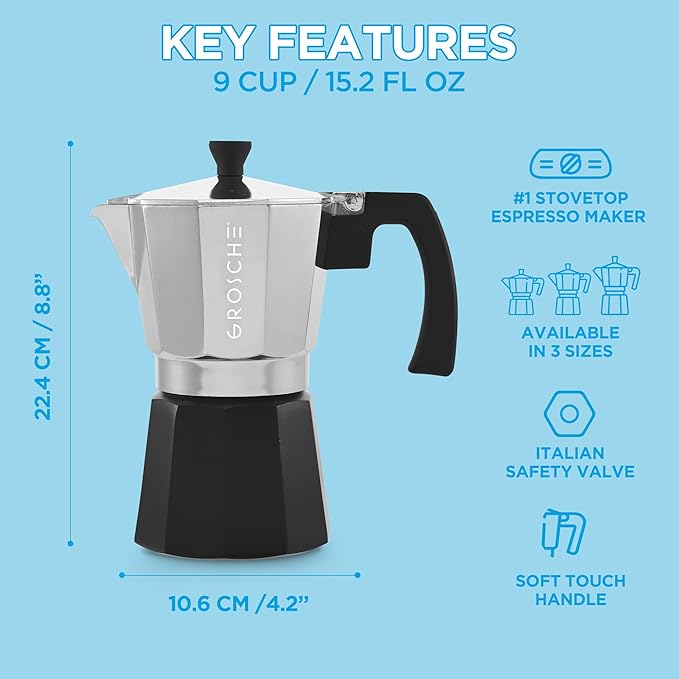 GROSCHE Milano Stovetop Espresso Maker Moka Pot Cuban Coffee Maker Stovetop Coffee Maker Moka Italian Espresso Greca Coffee Maker Brewer Percolator | 9 Espresso Cup, Tuxedo