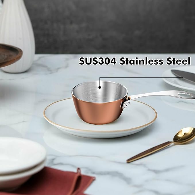 Macevia Mini Sauce Pan,Copper Stainless Steel Butter Warmer Small Pot with Handle, Multipurpose Use for Home Kitchen or Restaurant (5oz/150ml)