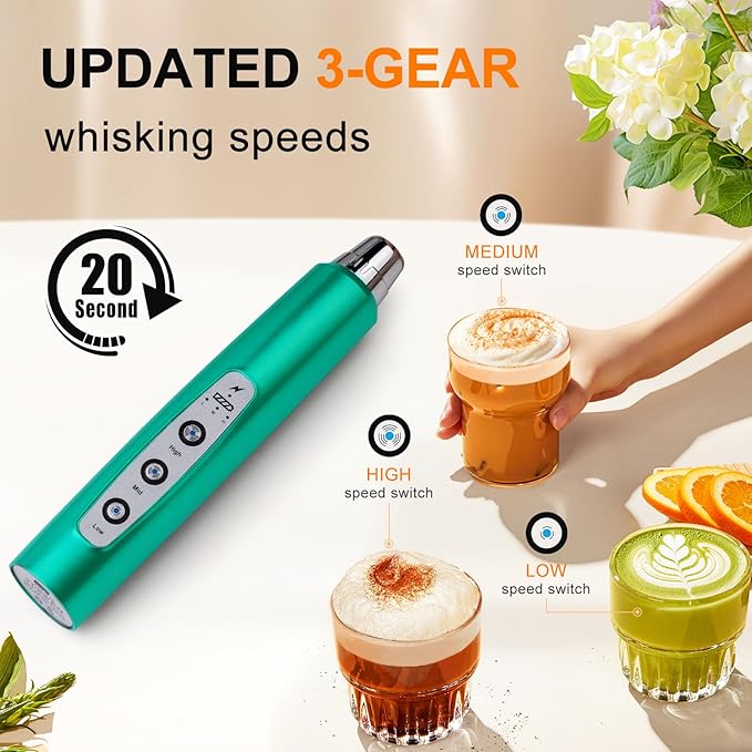 YUSWKO Turquoise Handheld Milk Frother Wand for Coffee, Rechargeable Electric Whisk with 3 Heads 3 Speeds Drink Mixer Coffee Frother For Latte, Cappuccino, Hot Chocolate, Egg