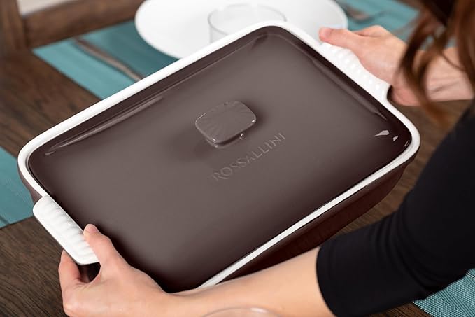 ROSSALLINI Stoneware Casserole Dish Bakeware Set with Lid, Covered Rectangular Dinnerware, Large 3.2 Quart, 11 by 9 Inch [Oyster Grey]