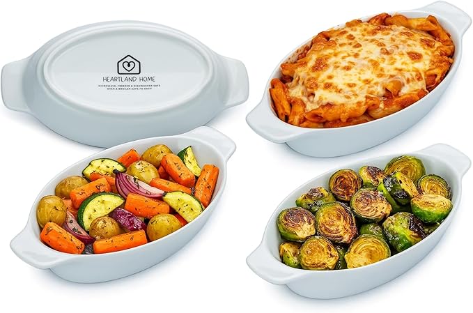 Heartland Home Porcelain Mini Casserole Dish Oval Au Gratin Dish (4pc Set). Cauliflower Baking Dish, Banana Split Bowls, Single Serving Dishes, Small Individual Gratin Dishes Set