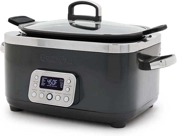 GreenPan Elite 14-in-1 Nonstick 6QT Electric Slow Cooker, PFAS-Free Ceramic Multi-Cooker, In-Pot Browning, Dishwasher Safe Lid & Removable Crock, Stainless Steel Steamer, Silicone Handles, Graphite
