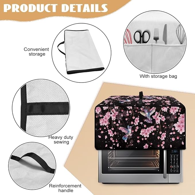 Hummingbird Cherry Blossom Print Toaster Oven Cover, Heat-Resistant Toaster Cover Dust-Proof Microwave Oven Protector, Protections for Kitchen, Black, (Small-14.5*18.46*9 inches)